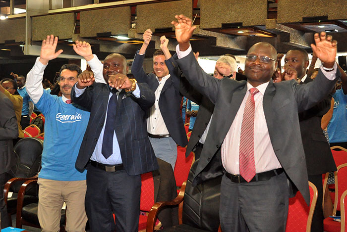 Generation Kenya's Mehdi Sinaceur celebrates with Dr. Kipkirui Langat, Director General/CEO for the TVET Authority (TVETA), and Paul Kosgei, Director General for National Industrial Training Authority (NITA)